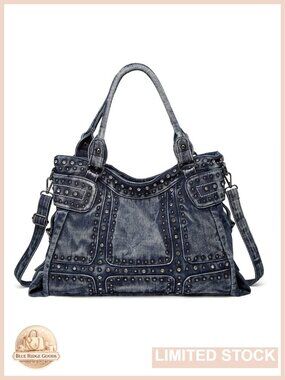 Washed Denim Hobo Bag Large Capacity Rivet Punk Crossbody Shoulder Handbag